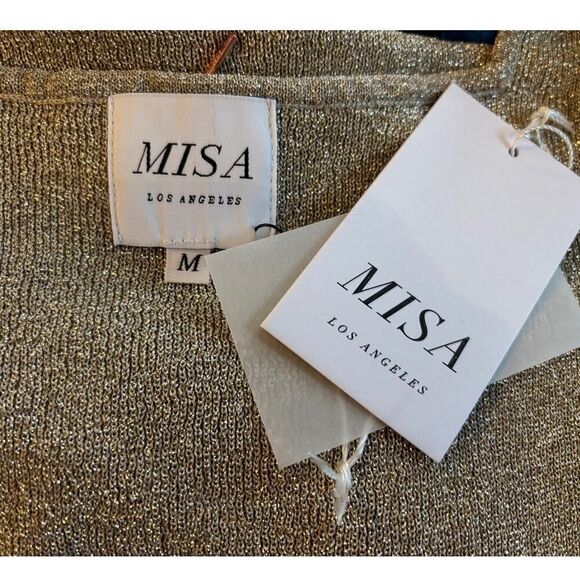 NWT MISA Los Angeles Beige Gold Metallic Midi Cut Out Waist Sweater Knit Dress M - Picture 7 of 7